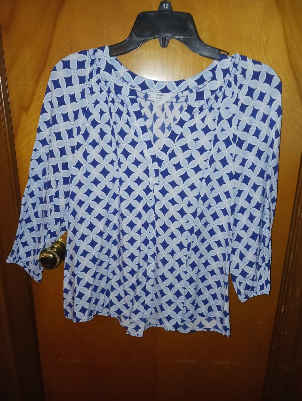 crown & ivy Navy and White Geometric Split-Neck Blouse